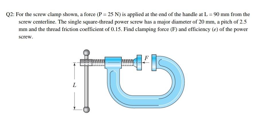 Solved Q2: For the screw clamp shown, a force (P = 25 N) is | Chegg.com