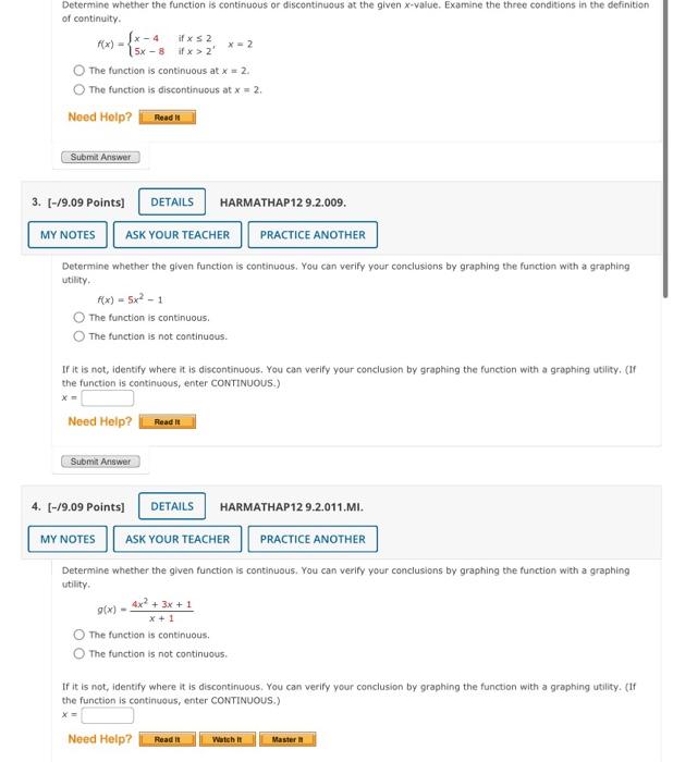 Solved Determine whether the function is continuous or | Chegg.com