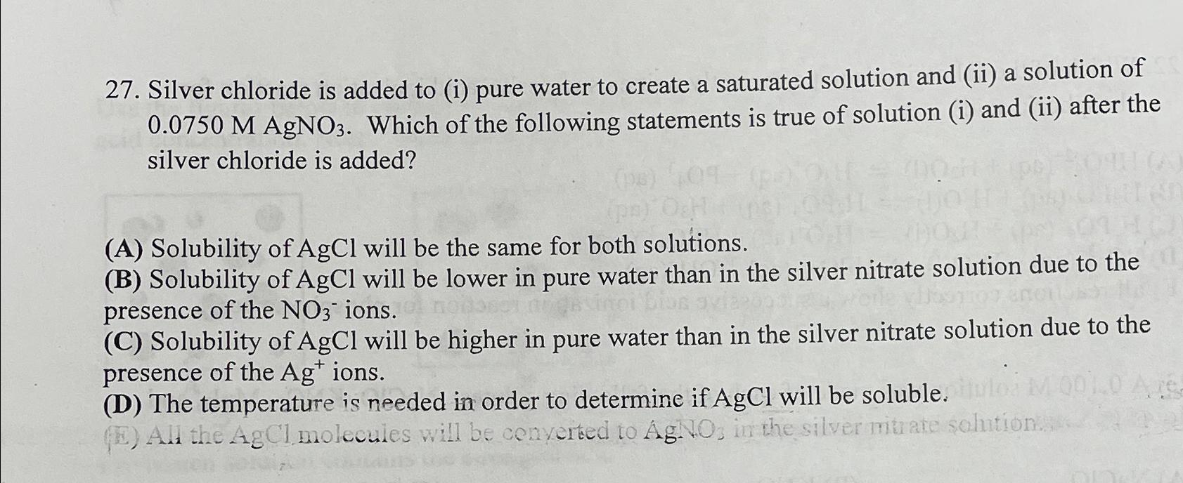 Solved Silver chloride is added to (i) ﻿pure water to create | Chegg.com