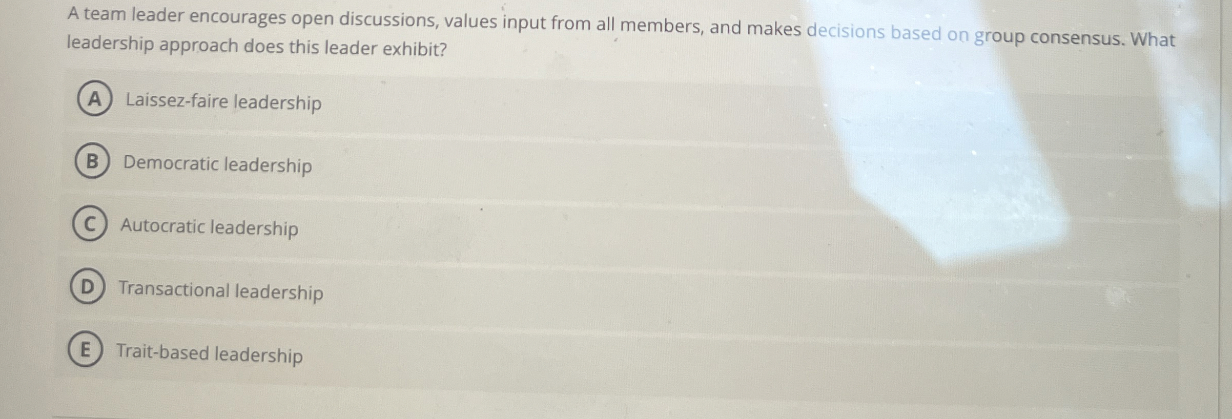 Solved A team leader encourages open discussions, values | Chegg.com