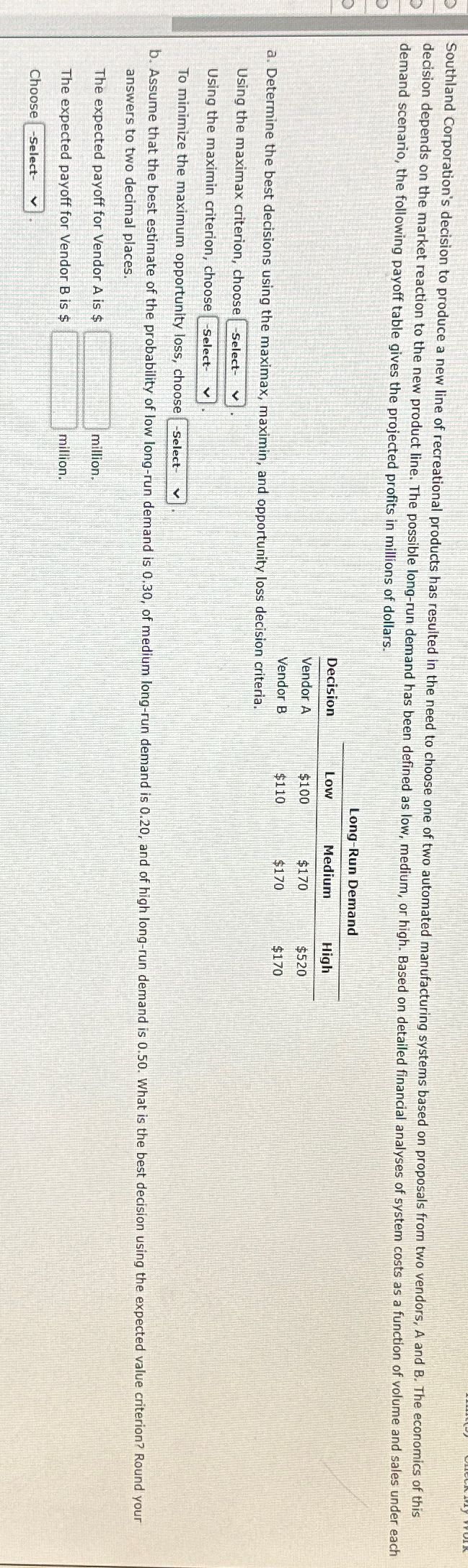 Solved demand scenario, the following payoff table gives the | Chegg.com