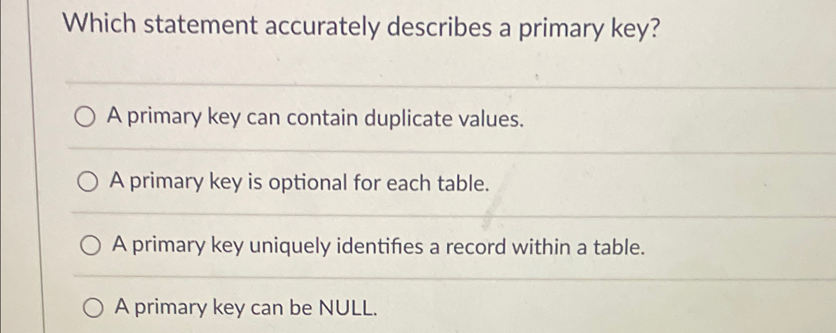 Solved Which statement accurately describes a primary key?A | Chegg.com