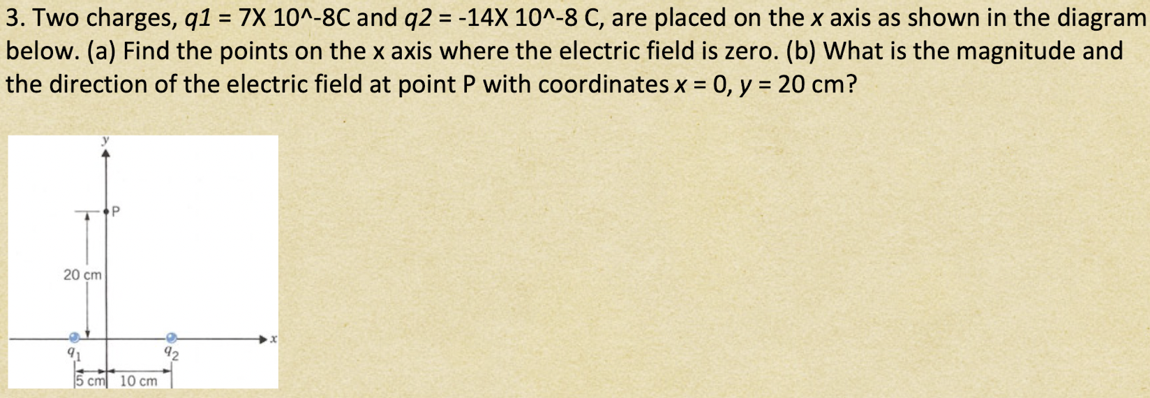 Solved Two charges, q1=7×10-8C ﻿and q2=-14×10-8C, ﻿are | Chegg.com