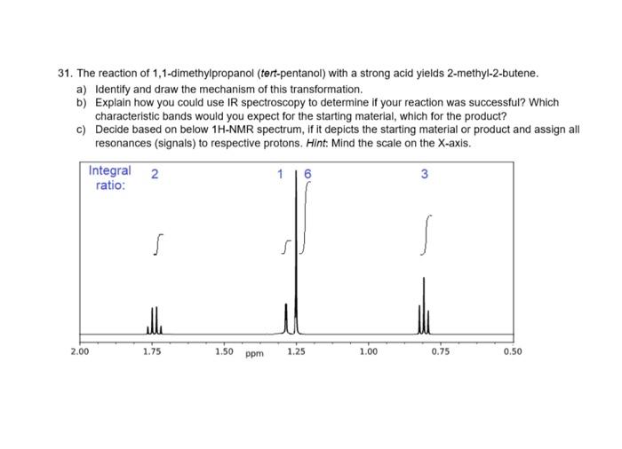 31. The reaction of 1,1-dimethylpropanol (tert-pentanol) with a strong acid yields 2-methyl-2-butene.
a) Identify and draw th