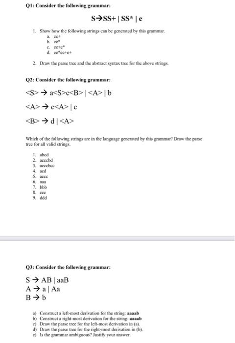 Solved Q1: Consider the following grammar: S→SS+∣SS∗∣e 1. | Chegg.com