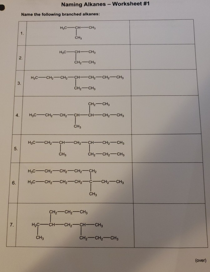 Solved Naming Alkanes Worksheet #1 Name the following Chegg com