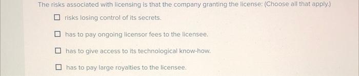 Solved The risks associated with licensing is that the | Chegg.com