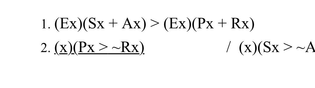 Solved 1. (Ex)(Sx + Ax) > (Ex)(Px + Rx) 2. (x)(Px >~Rx) | | Chegg.com