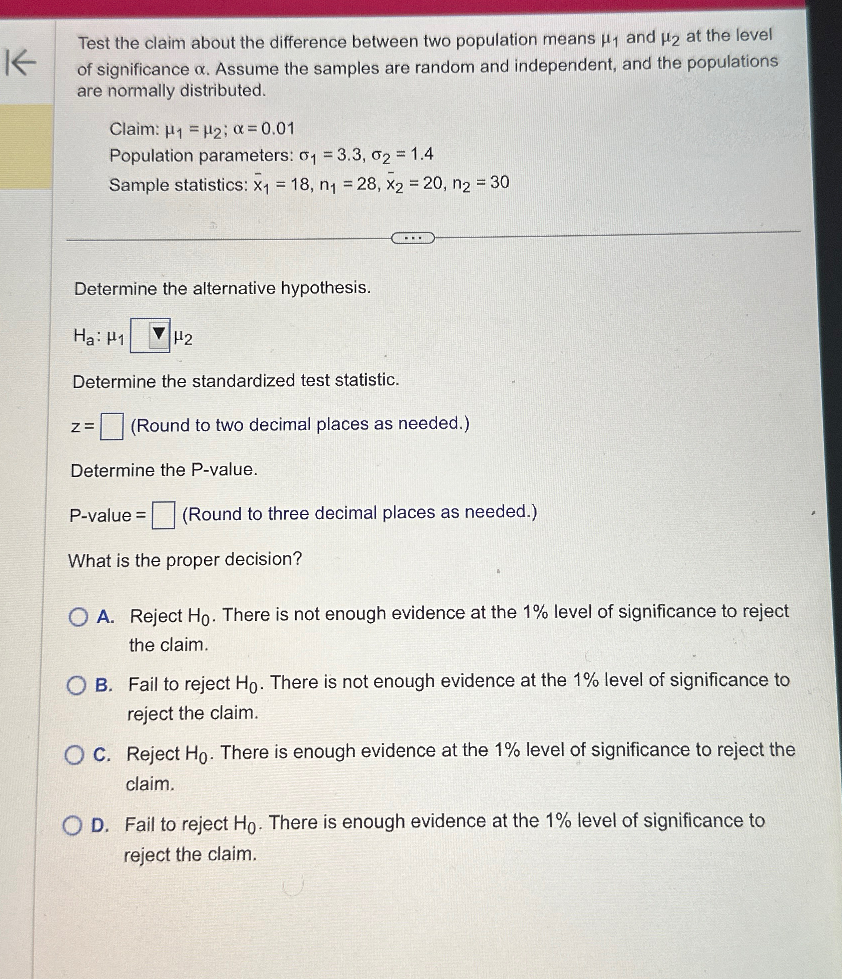 Solved Test the claim about the difference between two | Chegg.com