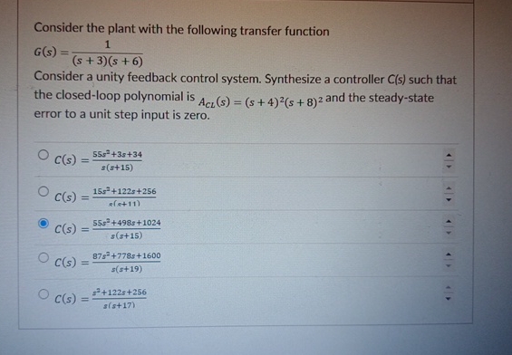 Solved Consider the plant with the following transfer | Chegg.com