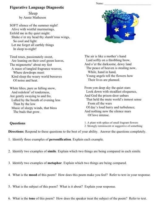 Solved Name: Figurative Language Diagnostic Sleep by Annie | Chegg.com