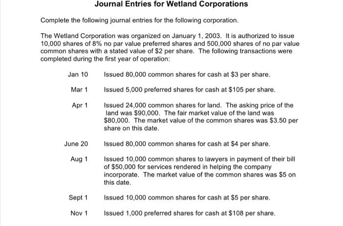 Solved Journal Entries for Wetland Corporations Complete the | Chegg.com