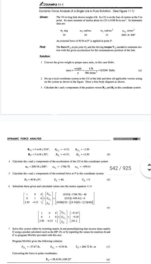 Solved DEXAMPLE 11-1 Dynamic Force Analysis of a Single Link | Chegg.com