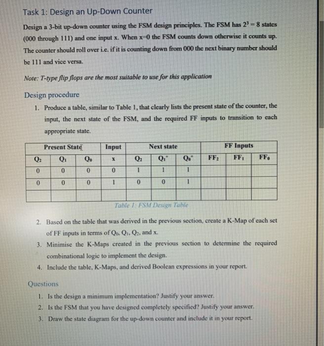 Solved Task 1: Design an Up-Down Counter Design a 3-bit | Chegg.com