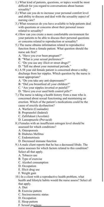 1.) What kind of patients, questions, or topics would be most difficult for you regard to conversations about human sexuality