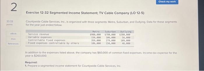Solved Exercise 12-32 Segmented Income Statement; TV Cable | Chegg.com