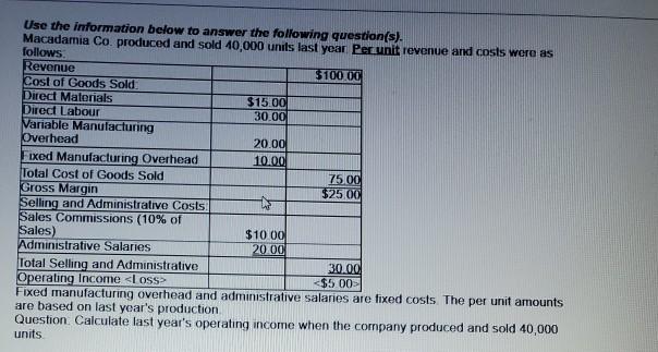 Solved Use the information below to answer the following | Chegg.com