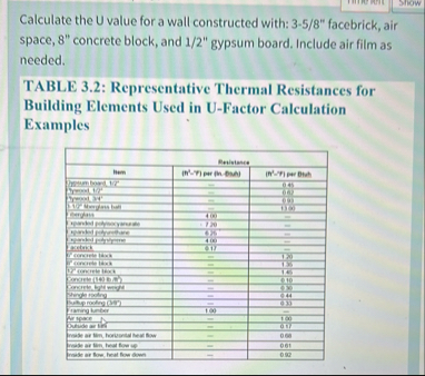 Solved Calculate the U value for a wall constructed with: | Chegg.com
