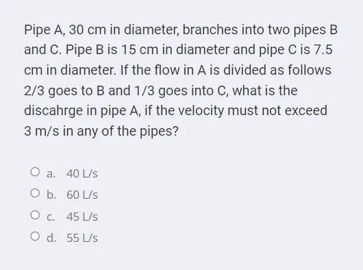 Solved Pipe A, 30 Cm In Diameter, Branches Into Two Pipes B | Chegg.com