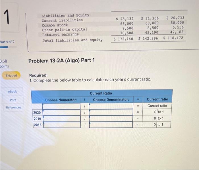 Solved Required Information Problem 13-2A (Algo) Ratios, | Chegg.com