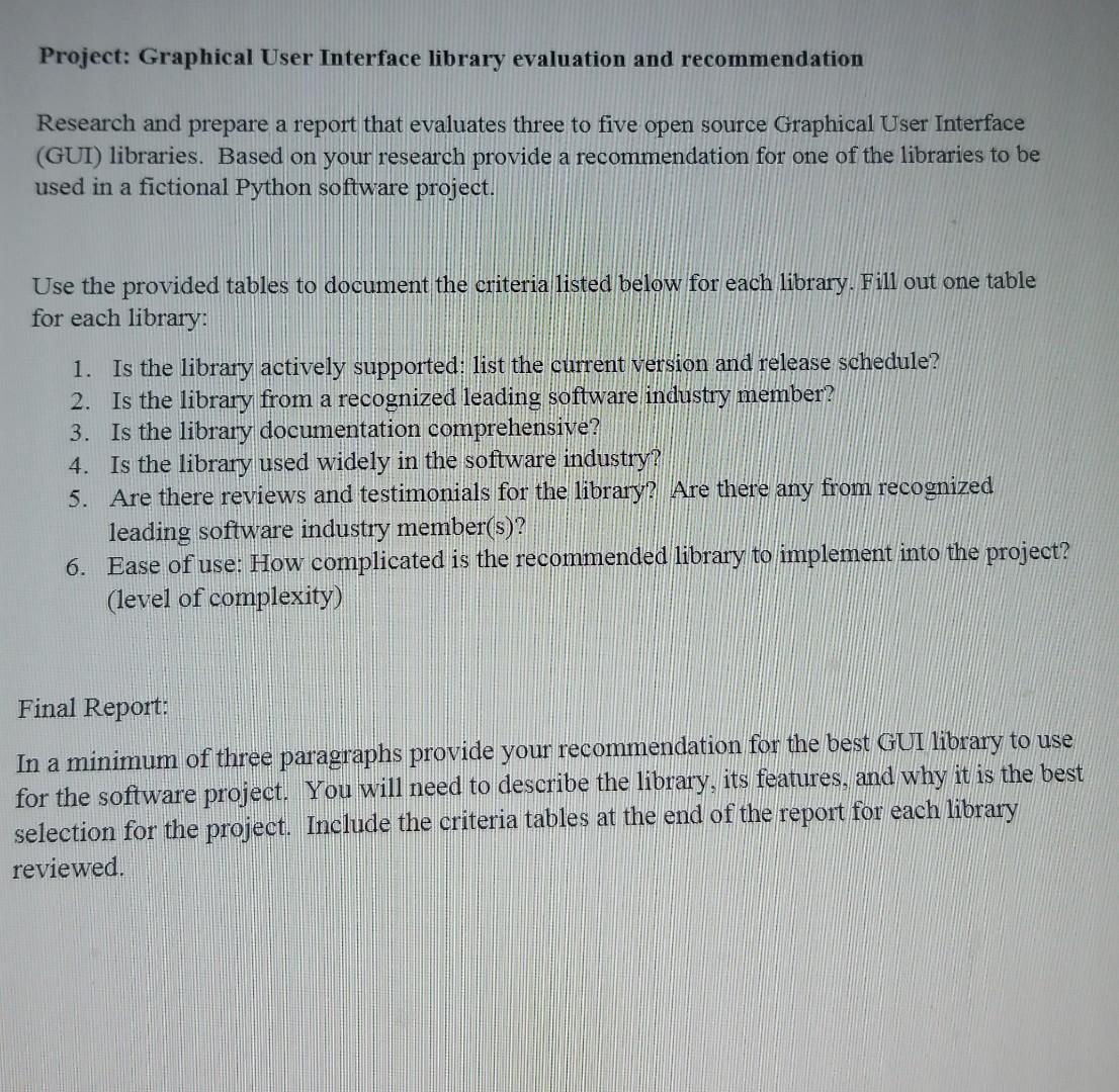 Project: Graphical User Interface library evaluation | Chegg.com