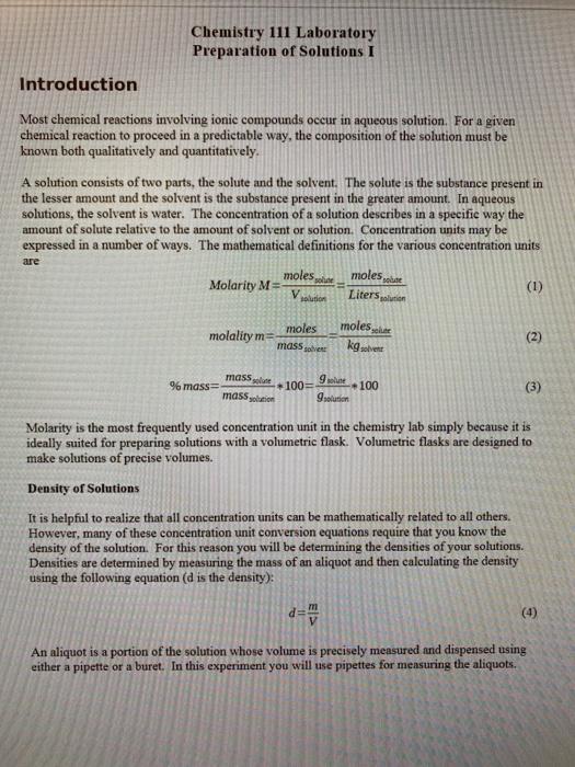 Solved Chemistry 111 Laboratory Preparation of Solutions I | Chegg.com