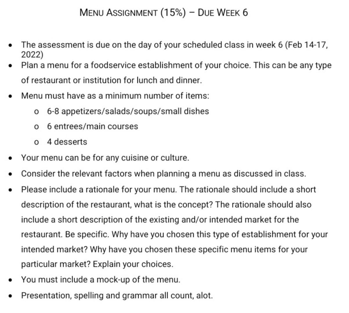 Solved MENU ASSIGNMENT (15%) – DUE WEEK 6 . . The assessment | Chegg.com