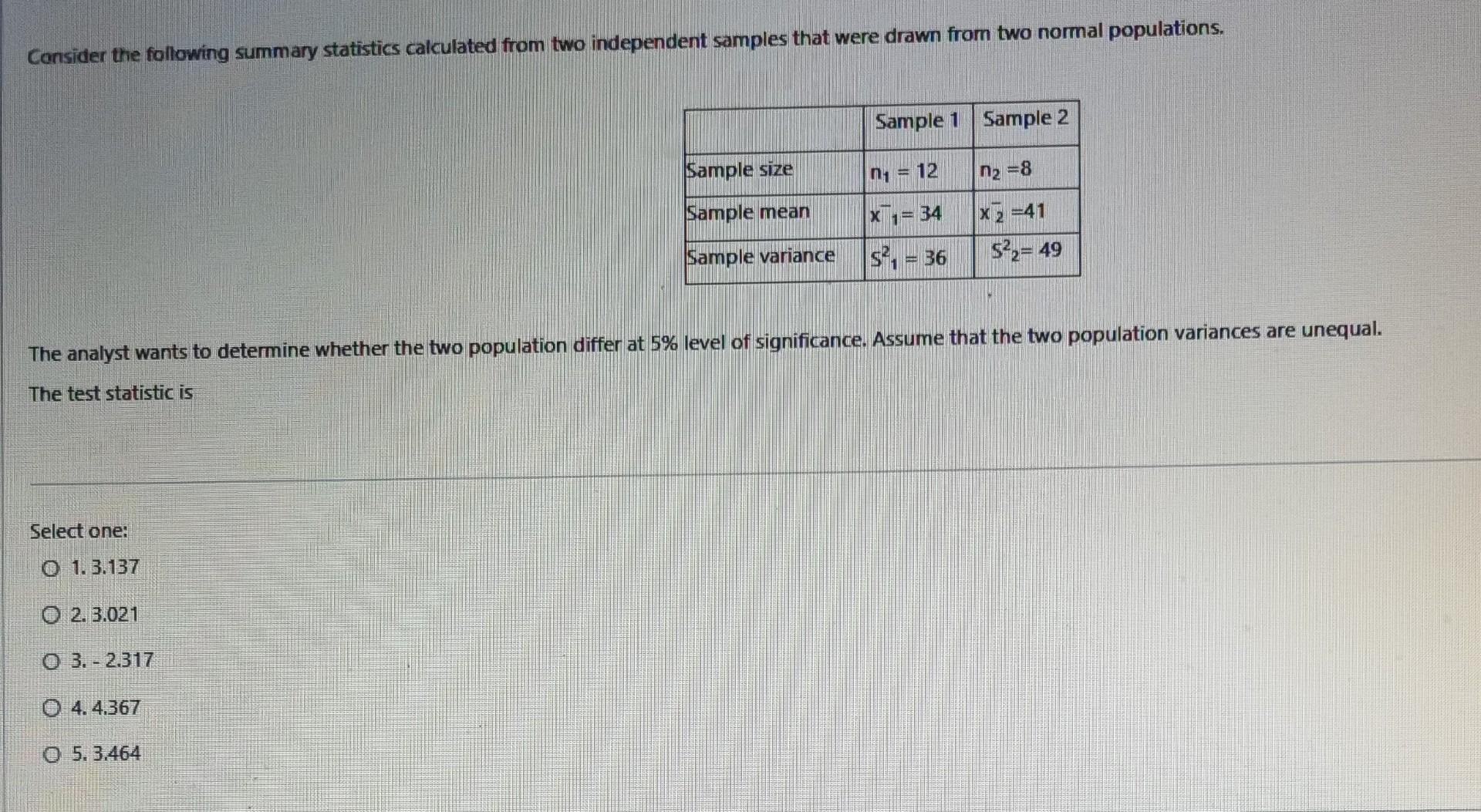 Solved Consider The Following Summary Statistics Calculated | Chegg.com