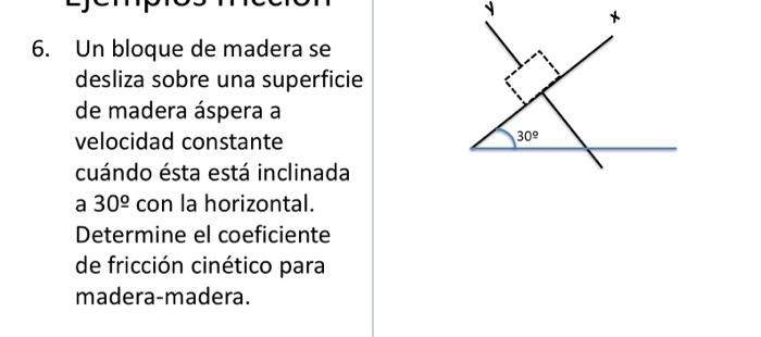 6. Un bloque de madera se desliza sobre una superficie de madera áspera a velocidad constante cuándo ésta está inclinada a 30