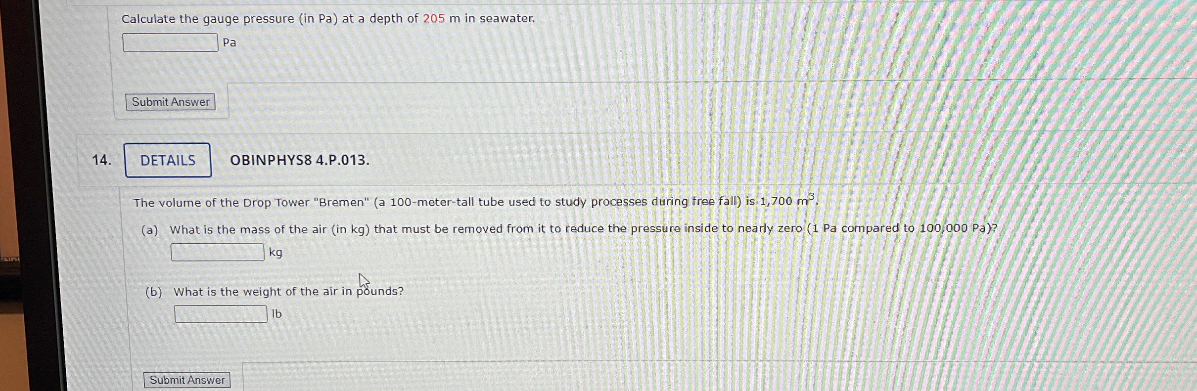 Solved Calculate the gauge pressure (in Pa ) ﻿at a depth of | Chegg.com