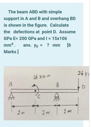 Solved The beam ABD with simple support in A and B and | Chegg.com