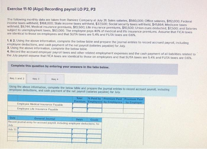 Solved Exercise 1110 (Algo) Recording payroll LO P2, P3 The