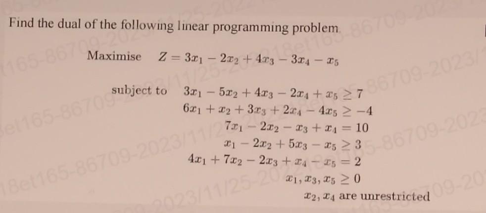 Solved Find the dual of the following linear programming | Chegg.com