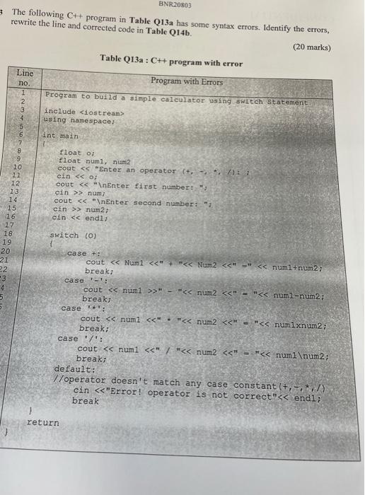 Solved 3 The following C++ program in Table Q13a has some | Chegg.com