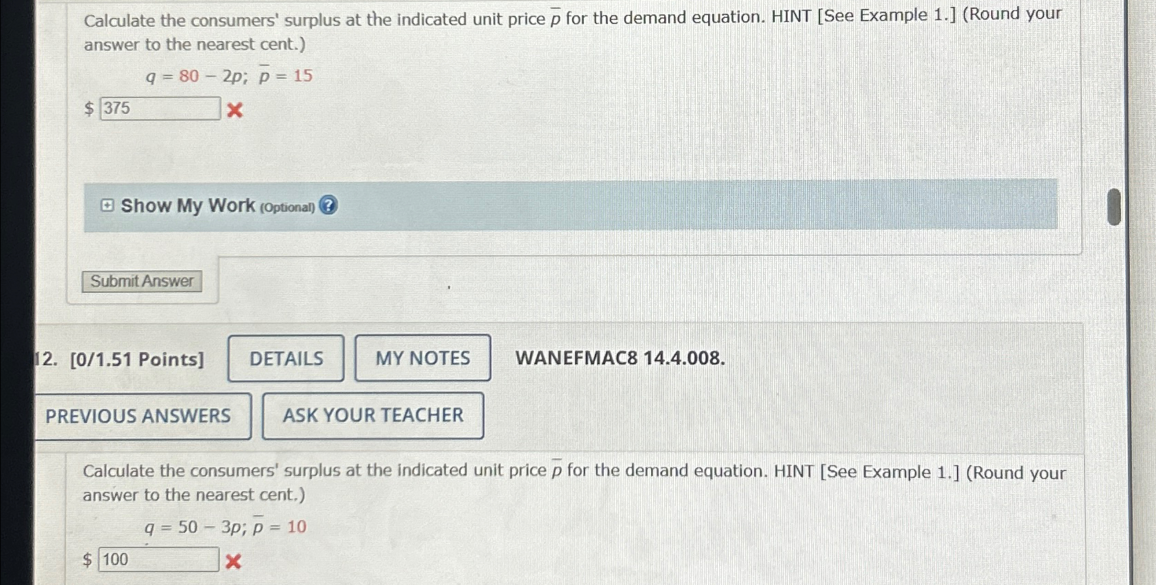 Solved Calculate the consumers' surplus at the indicated | Chegg.com