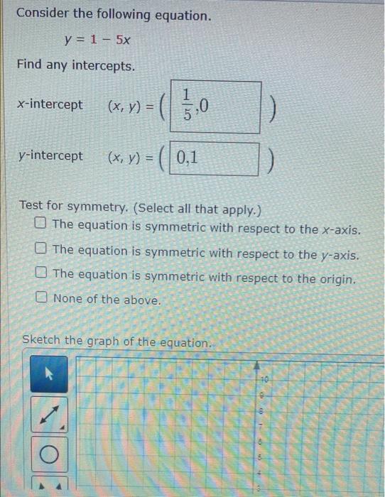 Solved Consider the following equation. y = 1 - 5x Find any | Chegg.com