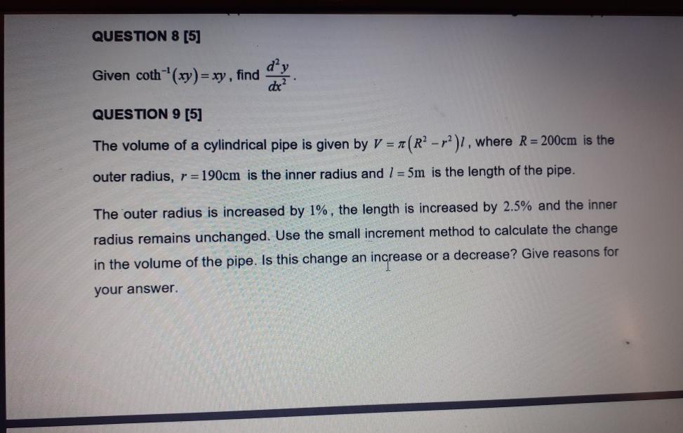 Solved Question 8 5 Given Coth H Xy Xy Find The Que Chegg Com