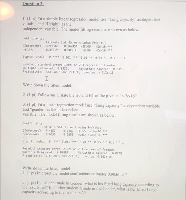 Solved Question 2: 1. (1 pt) Fit a simple linear regression | Chegg.com