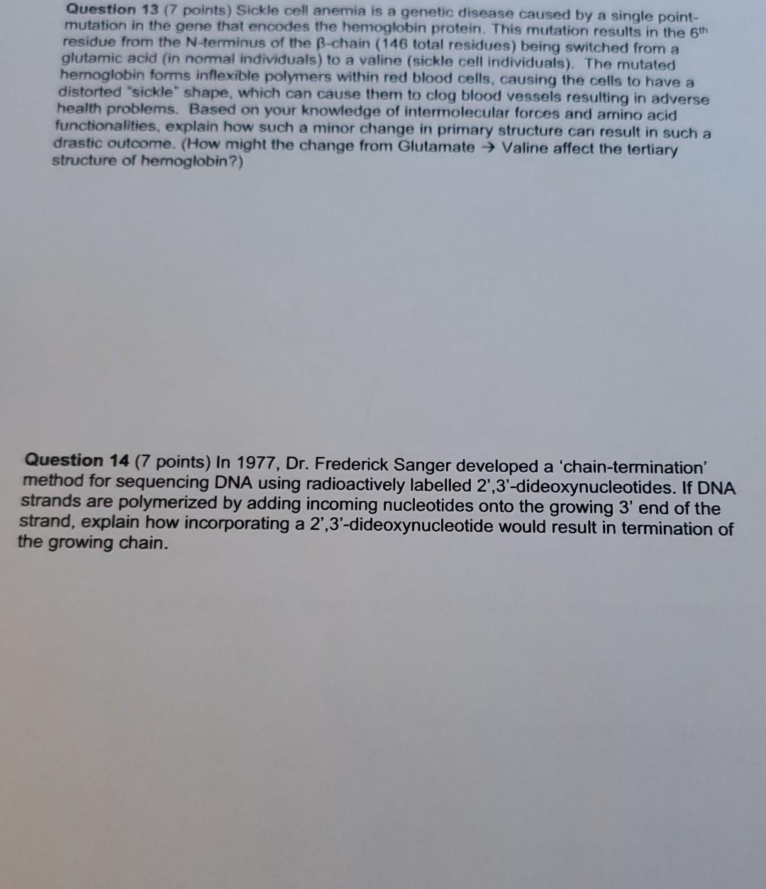 Solved Question 13 (7 points) Sickle cell anemia is a | Chegg.com