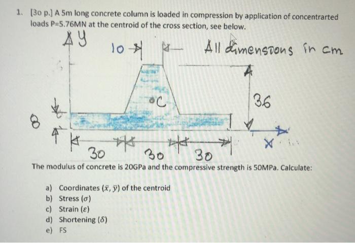 Solved 1. (30 p.) A 5m long concrete column is loaded in | Chegg.com