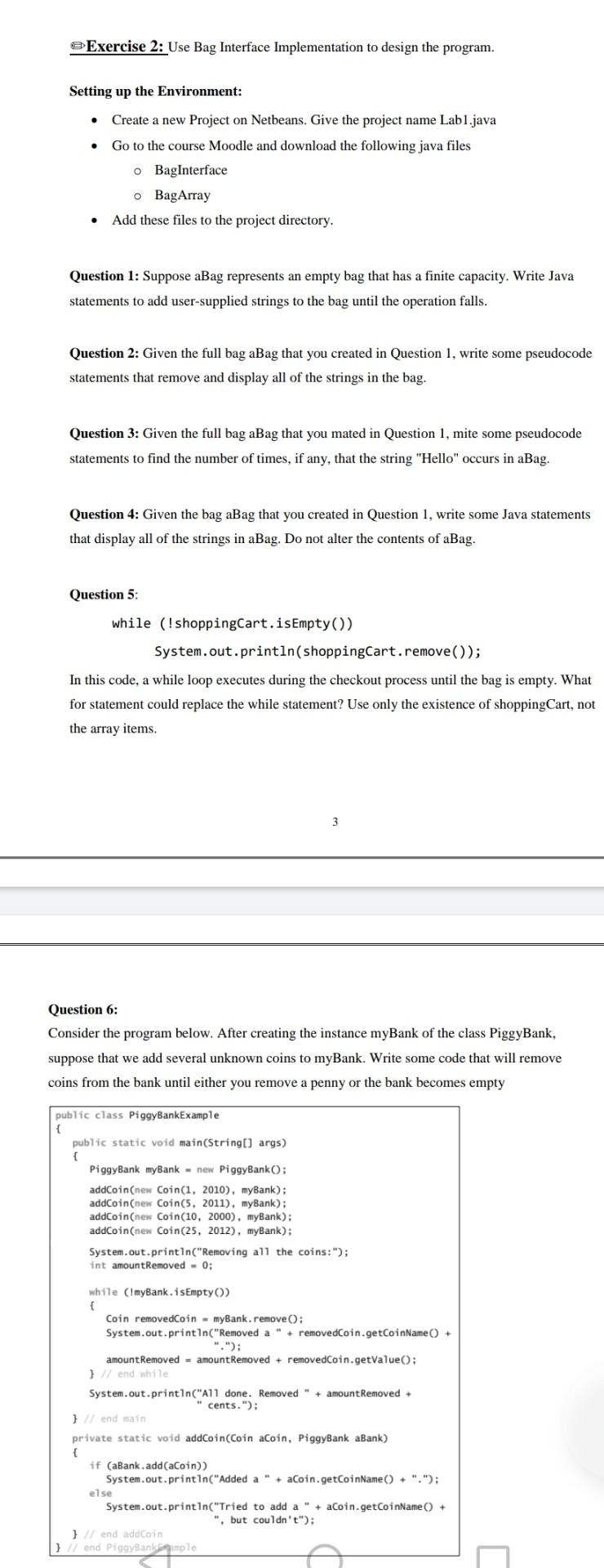 Exercise 2: Use Bag Interface Implementation to | Chegg.com