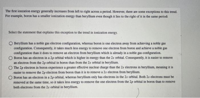 Solved The first ionzation energy generally increases from | Chegg.com