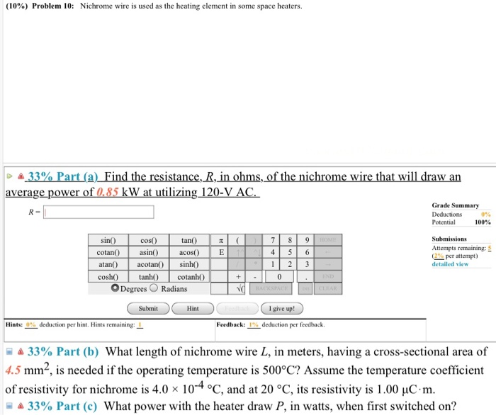 Solved (10%) Problem 10: Nichrome wire is used as the | Chegg.com
