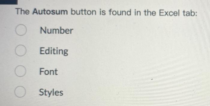 Solved The Autosum Button Is Found In The Excel Tab Number Chegg