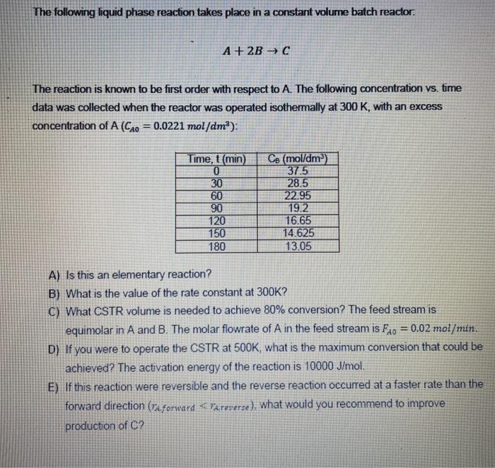Solved The following liquid phase reaction takes place in a | Chegg.com