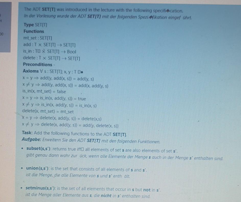 Solved 00 The ADT SET[T] was introduced in the lecture with | Chegg.com