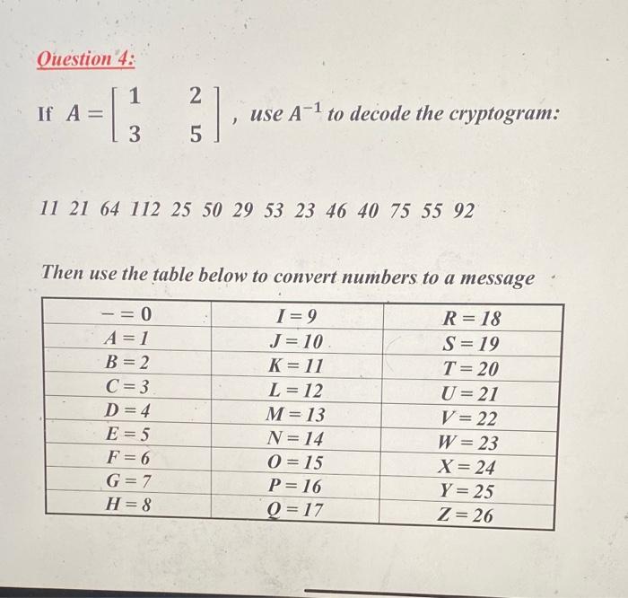 Solved Question 4 1 2 If A Use A 1 To Decode The Crypt Chegg Com
