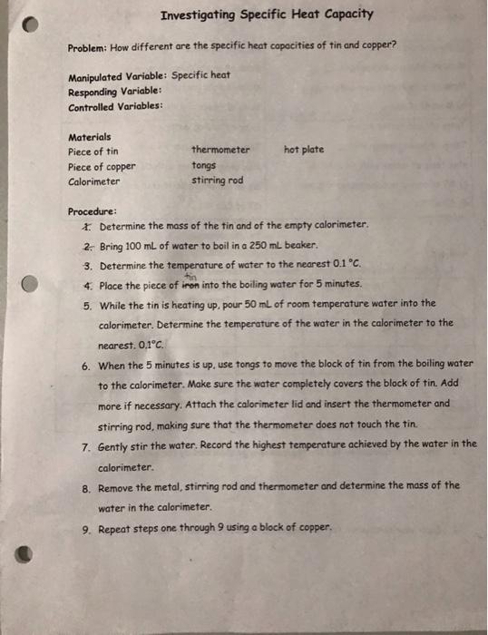 Solved Investigating Specific Heat Capacity Problem How