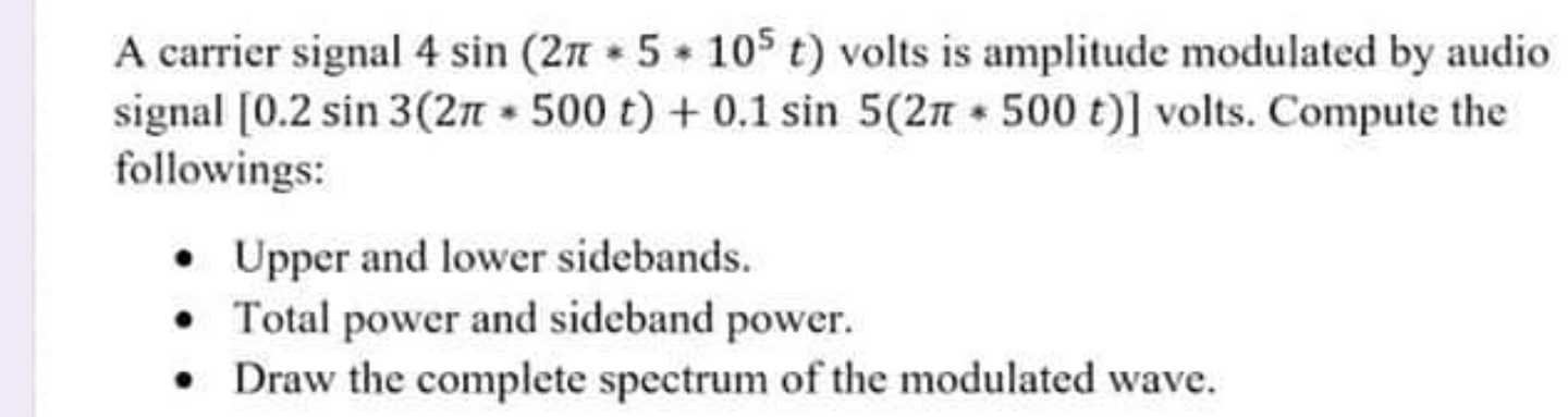 Solved A carrier signal 4 sin ( 25.105 t) volts is amplitude | Chegg.com