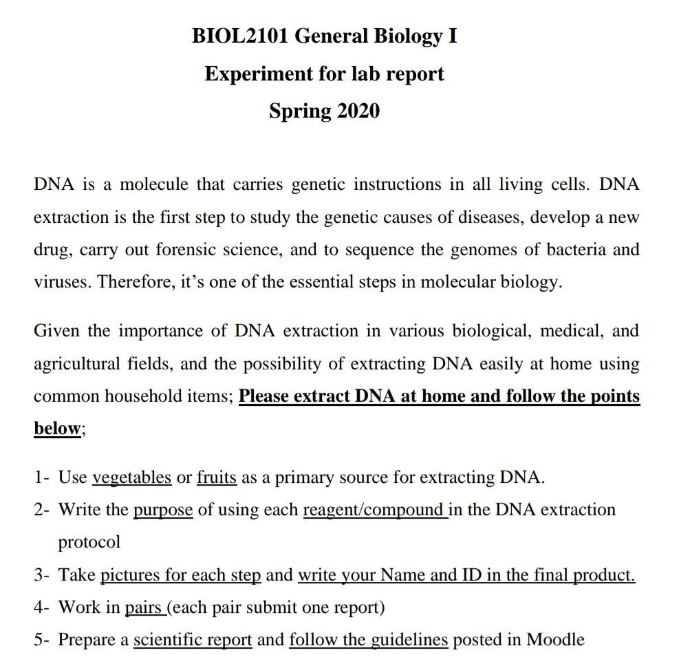 Biol2101 General Biology I Experiment For Lab Report Chegg 